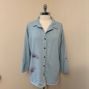 Lovely Vintage Handpainted Flowers and Dragonfly Overshirt Size L